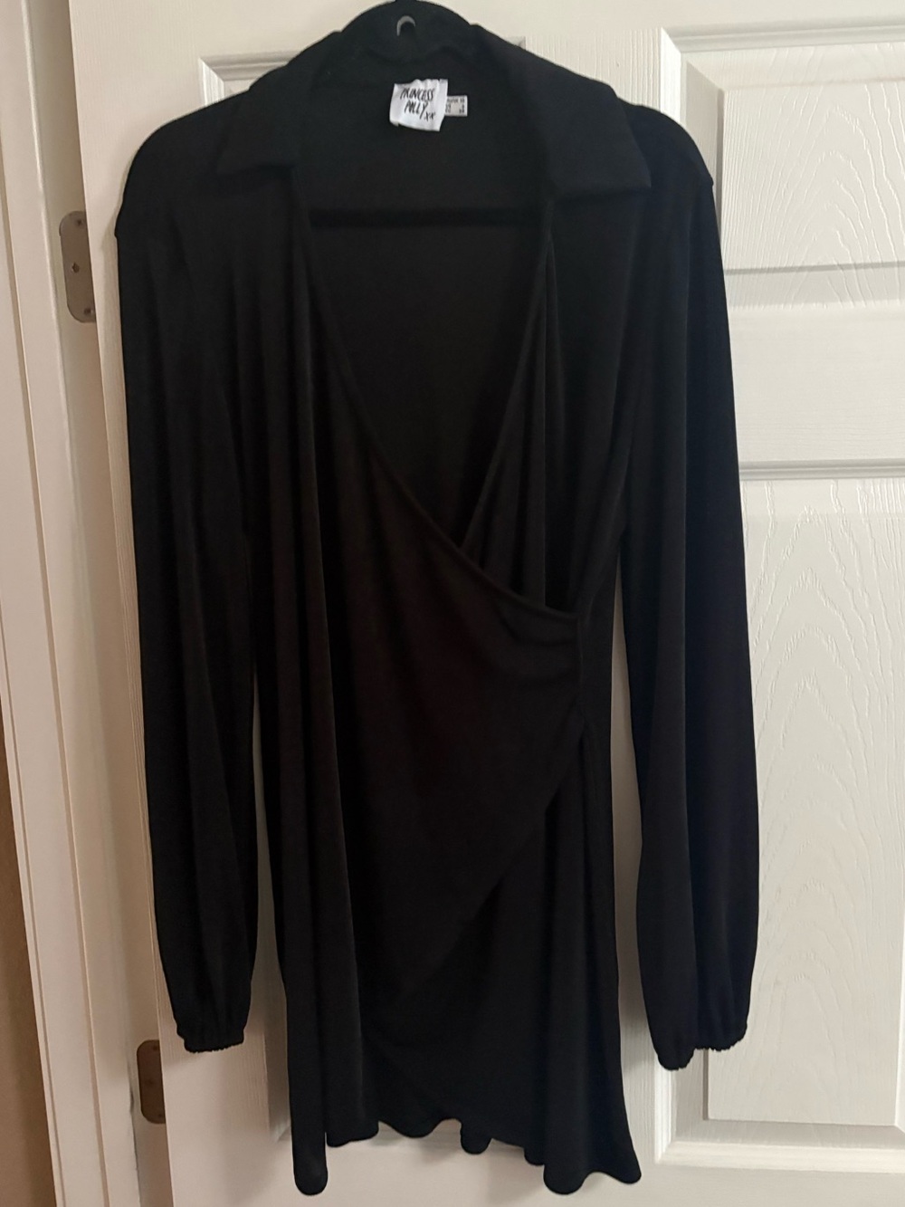 Princess Polly long sleeve faux wrap dress black collared fall 6